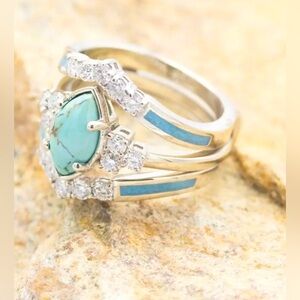 New 3 piece Turquoise and Moissanite ring set Delicate 18k Gold plated over S925